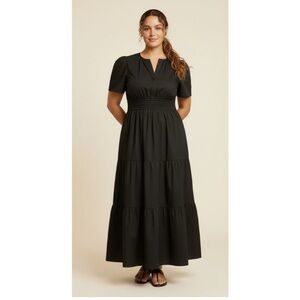 Quince Womens 100% Organic Cotton Poplin Tiered Maxi Dress Black Xl Pockets